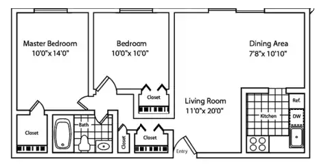 Floor plan for 2 beds, 1 bath, 860 sqft